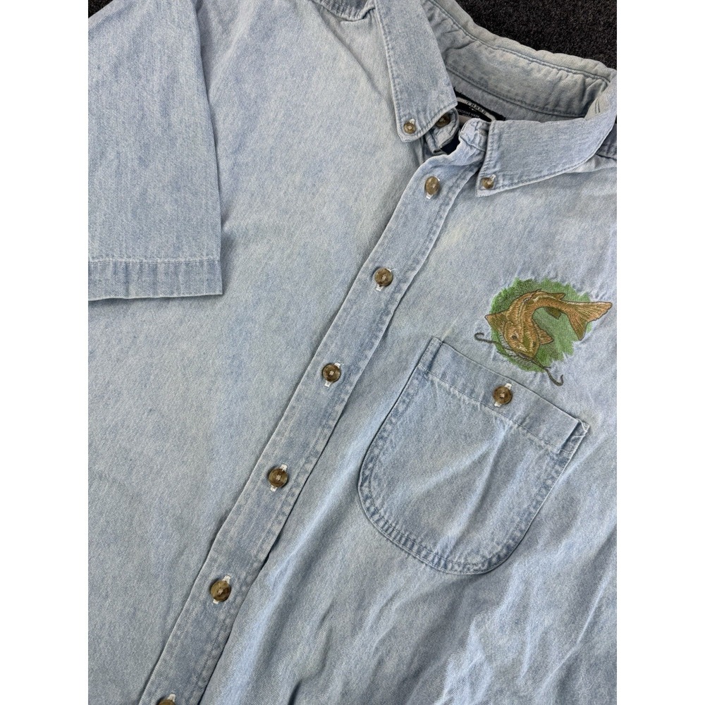 Three Rivers Fishing Shirt XXL Light Blue Button Up Embroidered Fish